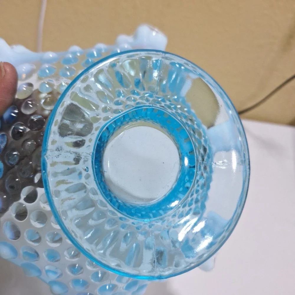 Vintage Fenton Blue Opalescent Hobnail Ruffled Bowl & Basket Set Milk Glass
